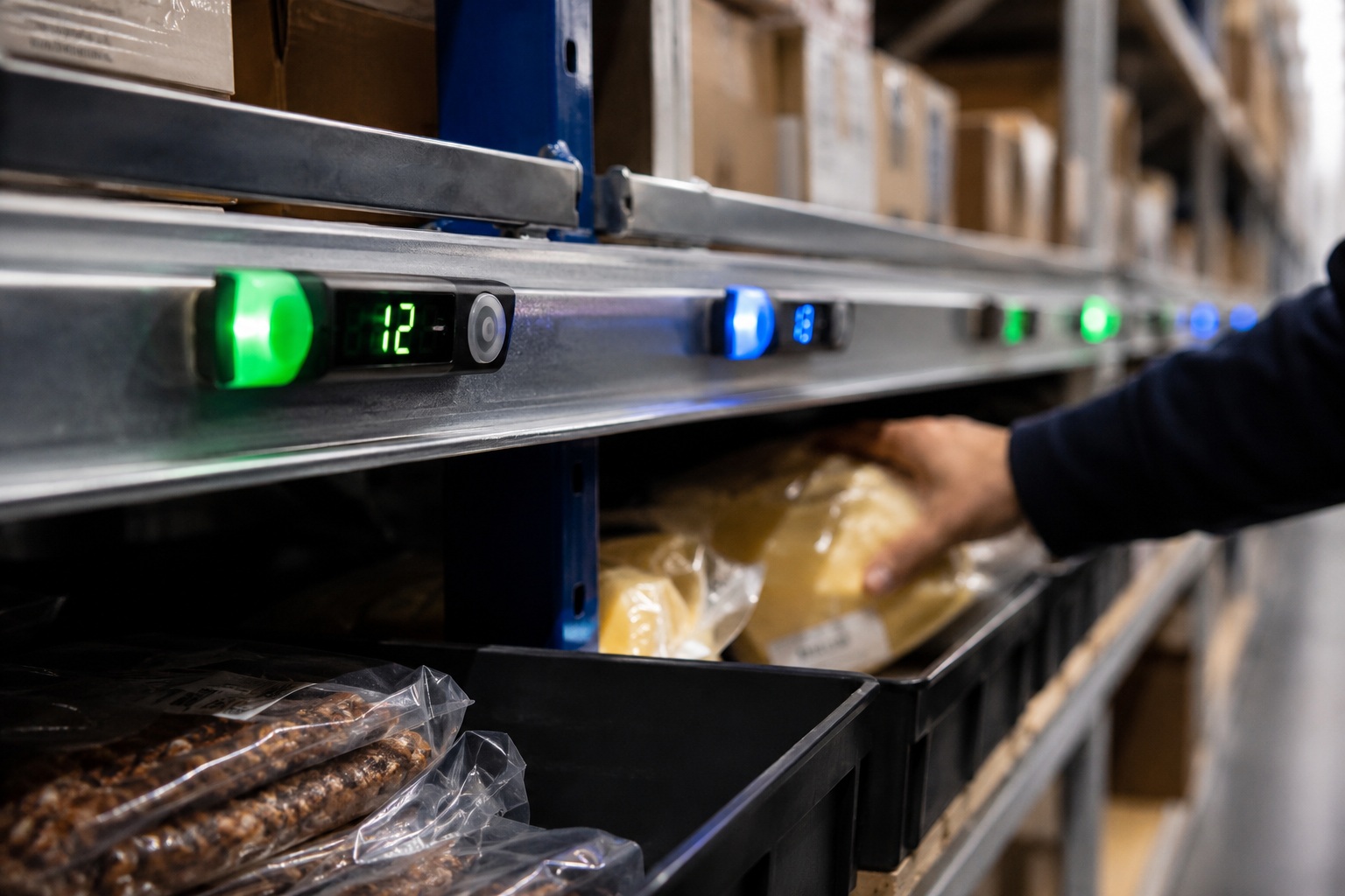 Sistema pick to light con luces LED indicando posición de picking en estantería de almacén
