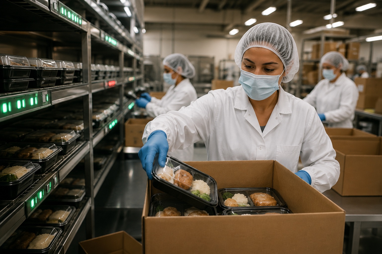 Planta de producción alimentaria con operarios gestionando stock y preparación