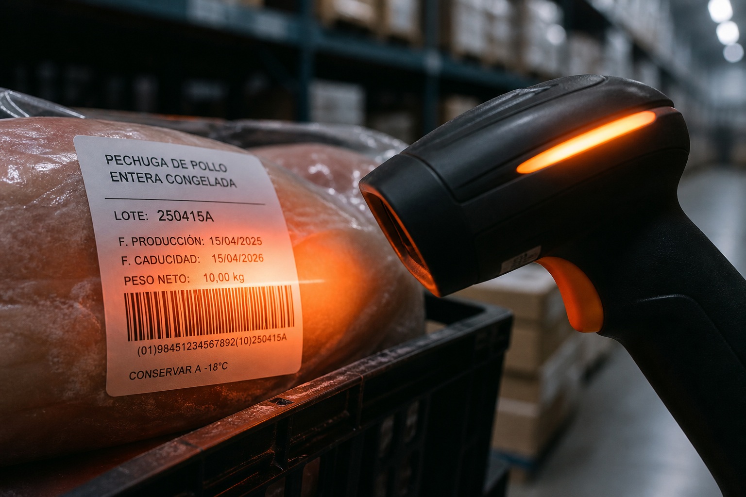 Escáner de lote en almacén alimentario para trazabilidad completa